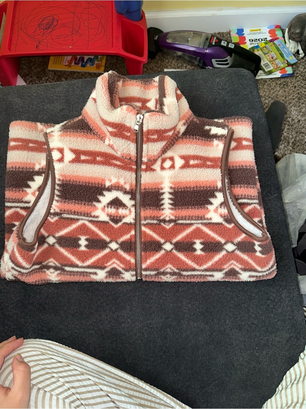 Tribal Pattern Sherpa Zip Vest in Rust & Cream